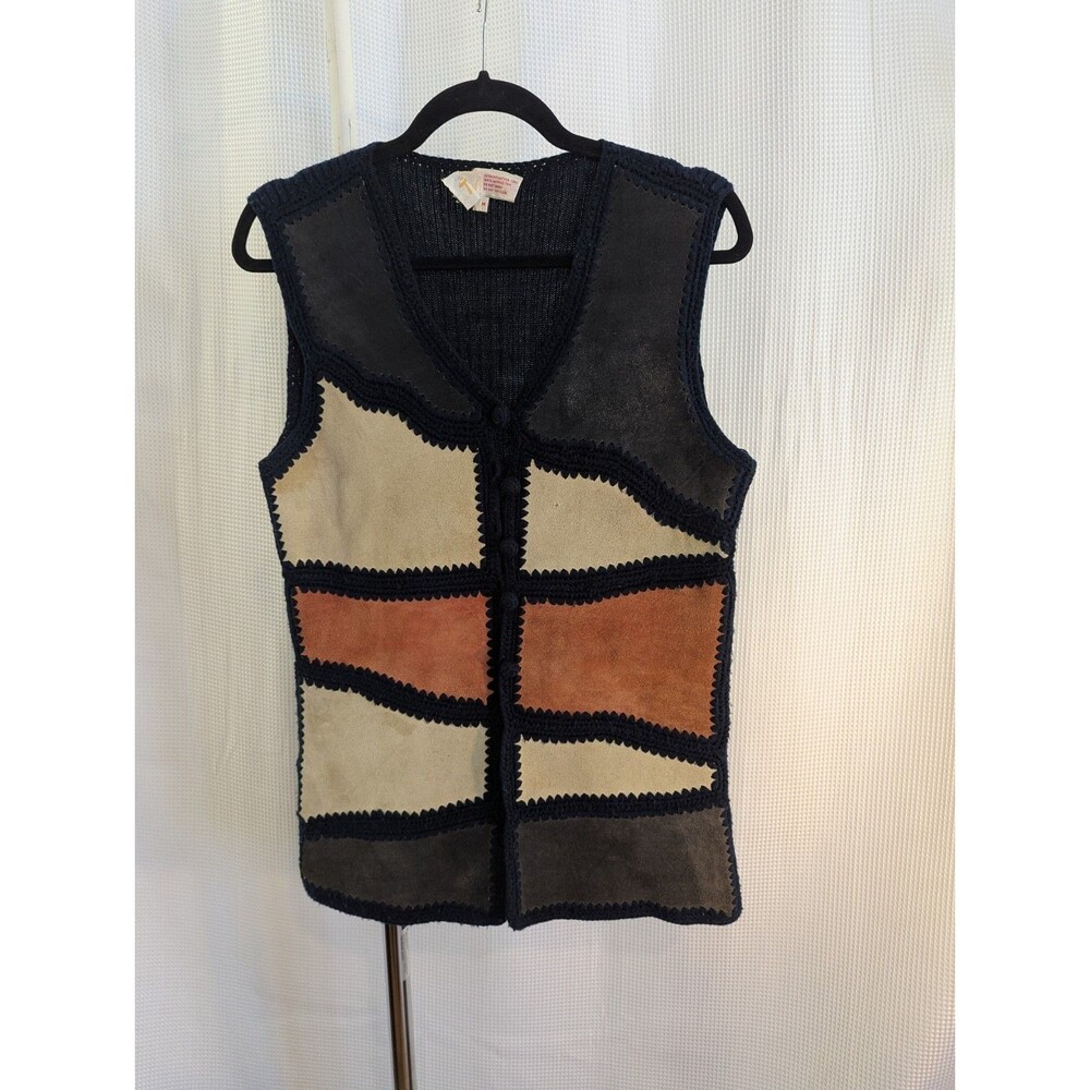 Vintage Tarrri Suede Leather Vest Women's Medium Acrylic Rib Button Black (L10)
